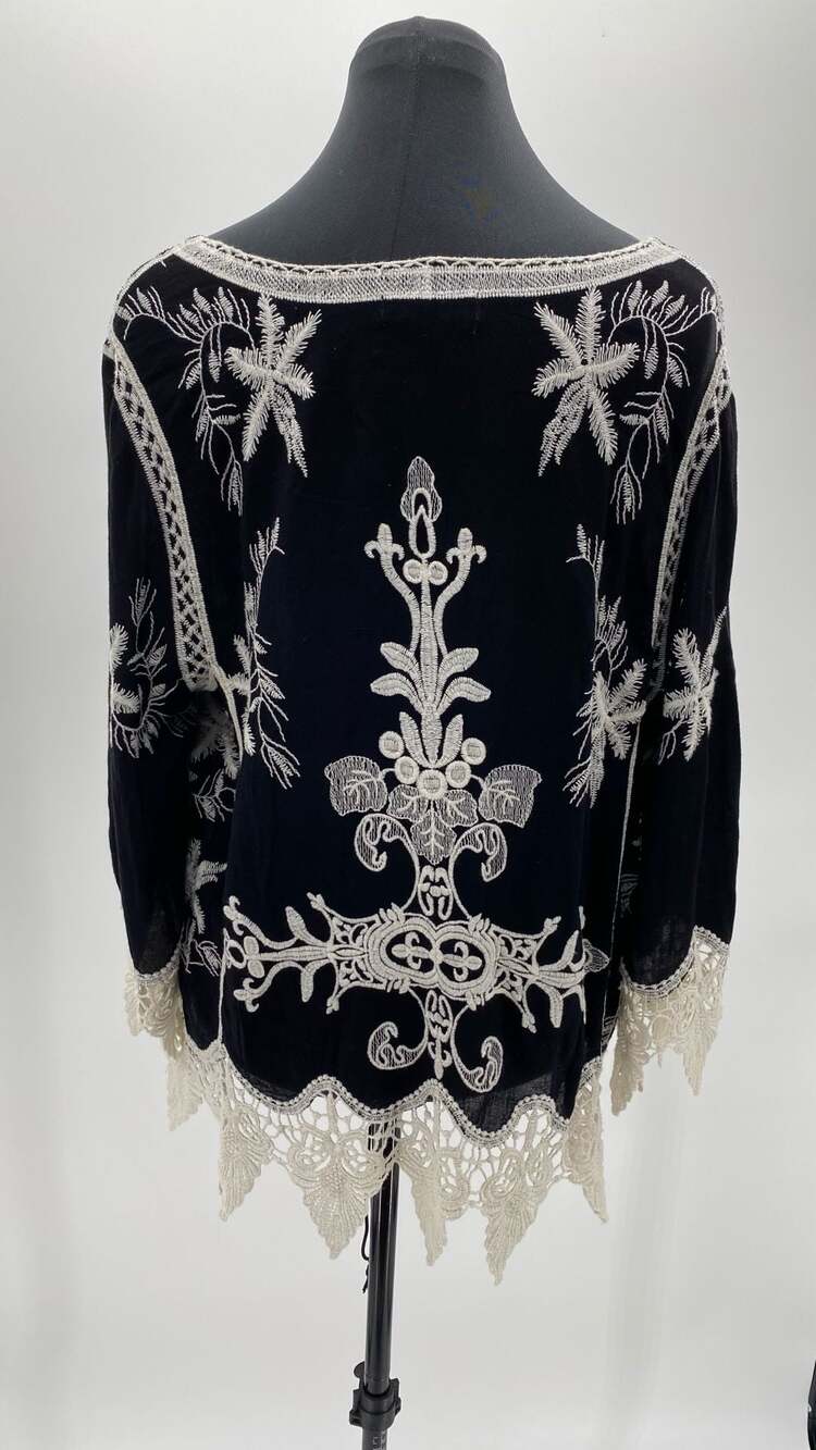 Beulah Style Black and Ivory Embroidered Boho Top with Crochet Hem